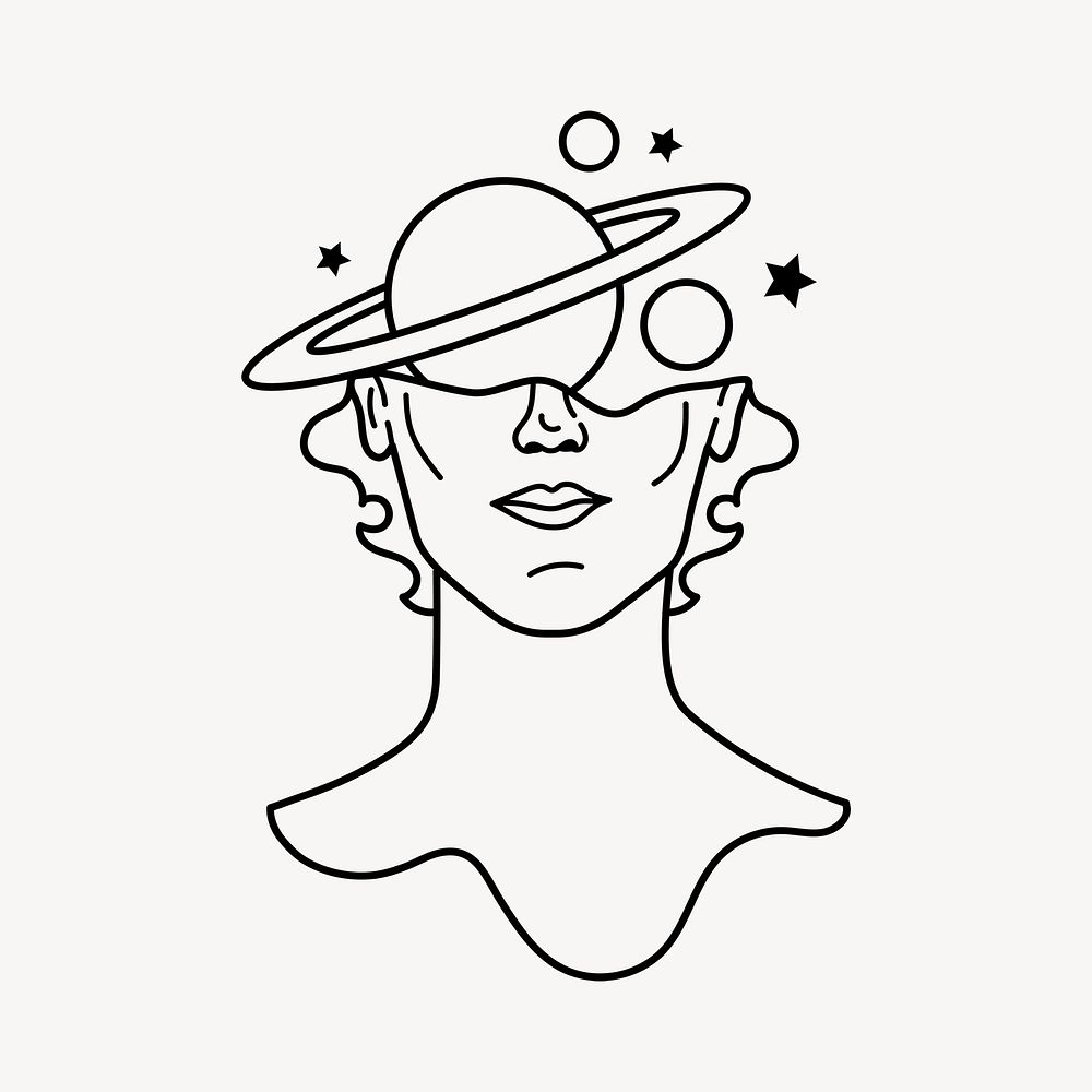Surreal head clipart, Saturn doodle illustration