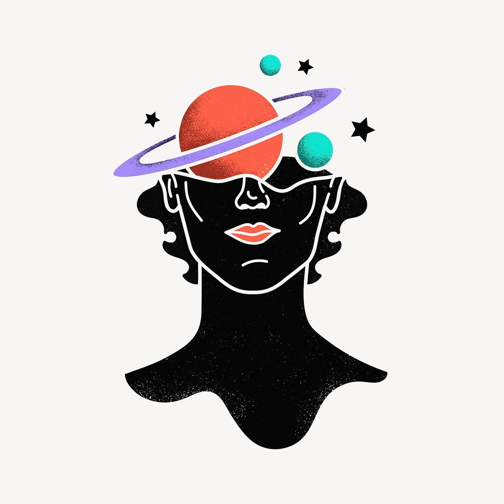 Surreal head illustration, colorful Saturn design