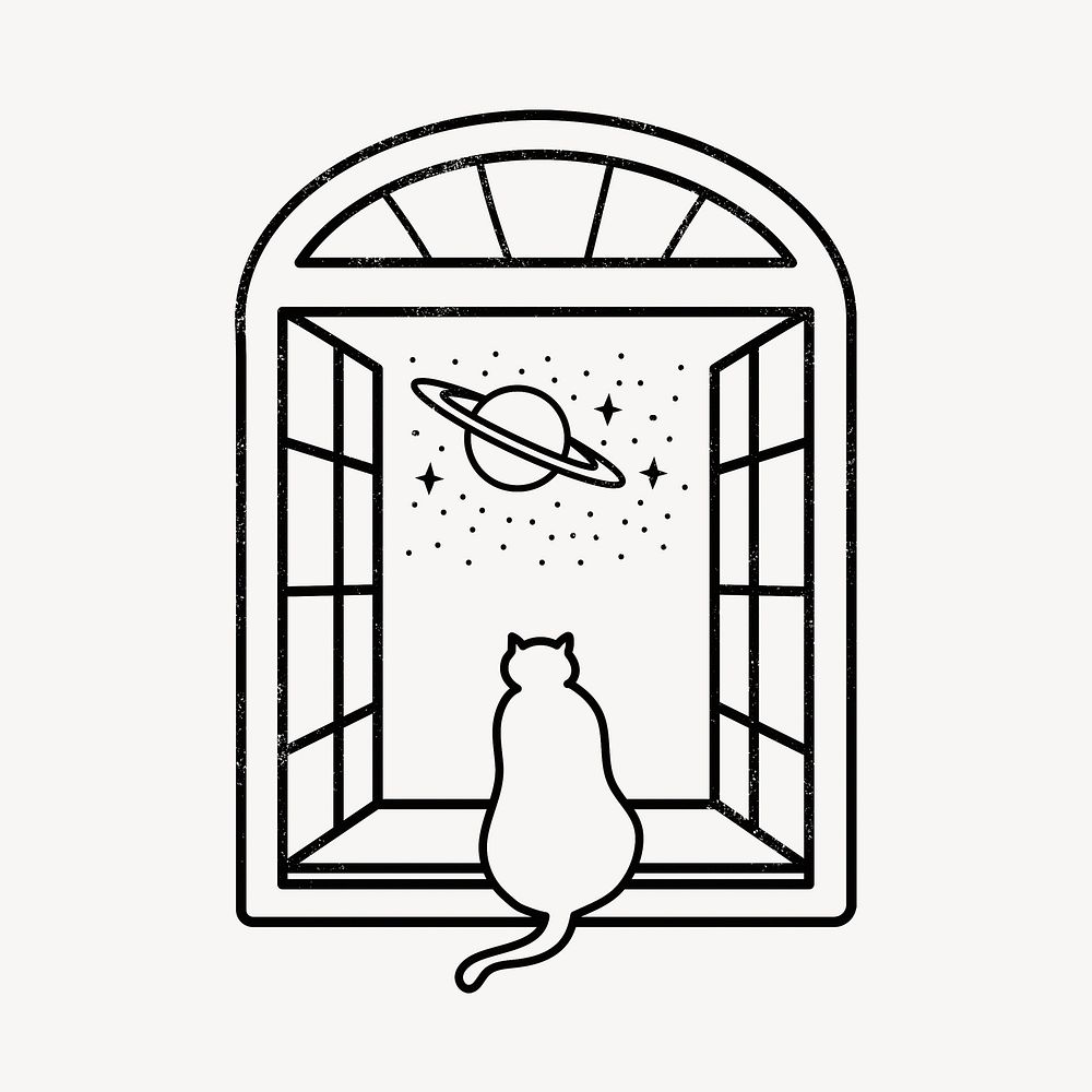 Cat doodle clipart, galaxy window illustration