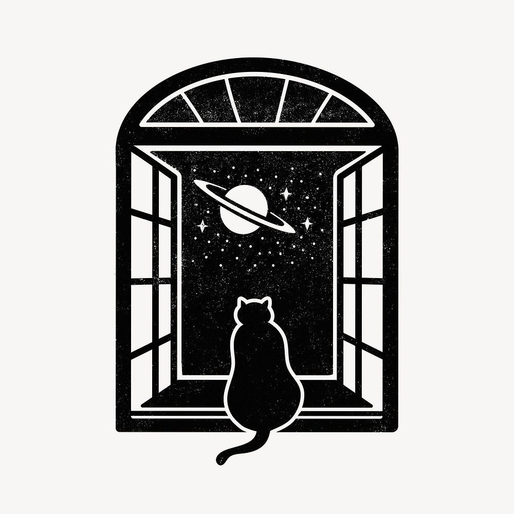 Black cat clipart, night sky window illustration