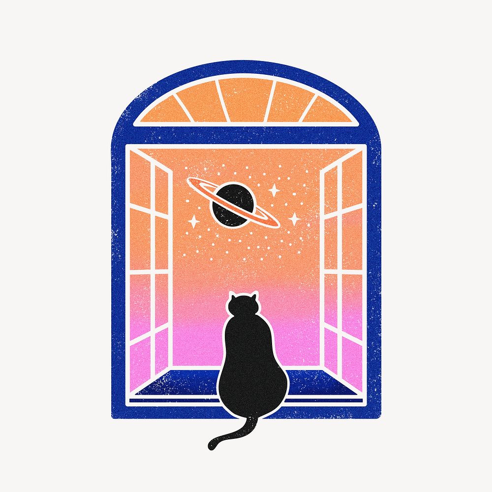 Black cat illustration, surreal escapism window design
