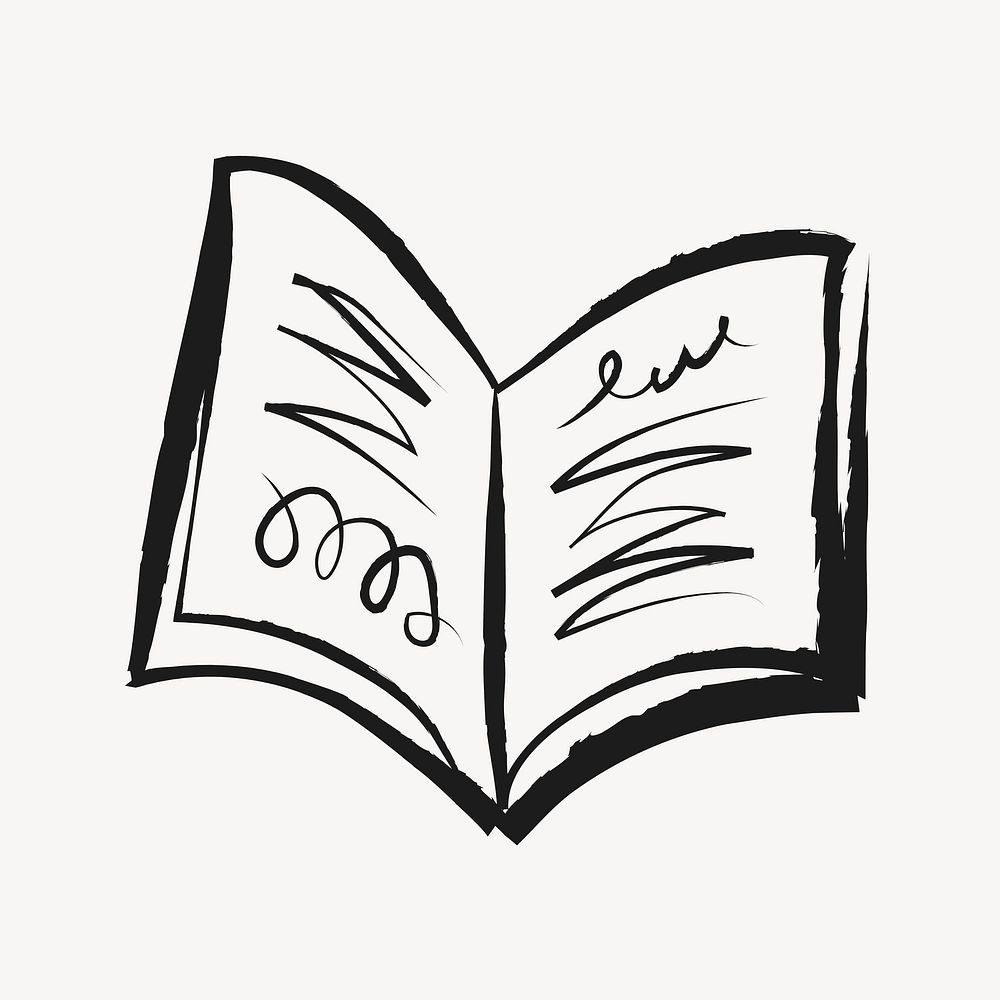 Open book sticker, cute doodle in black vector