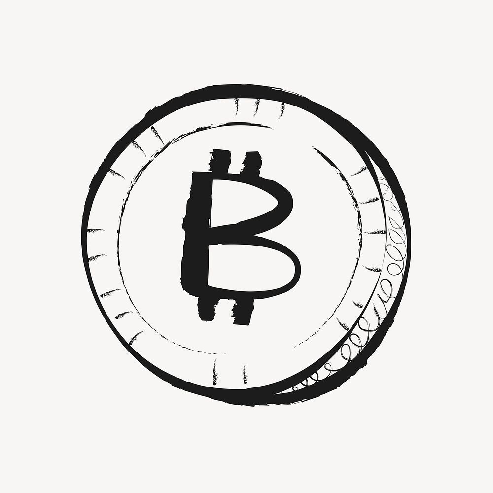 Bitcoin cryptocurrency sticker, cute doodle in black vector