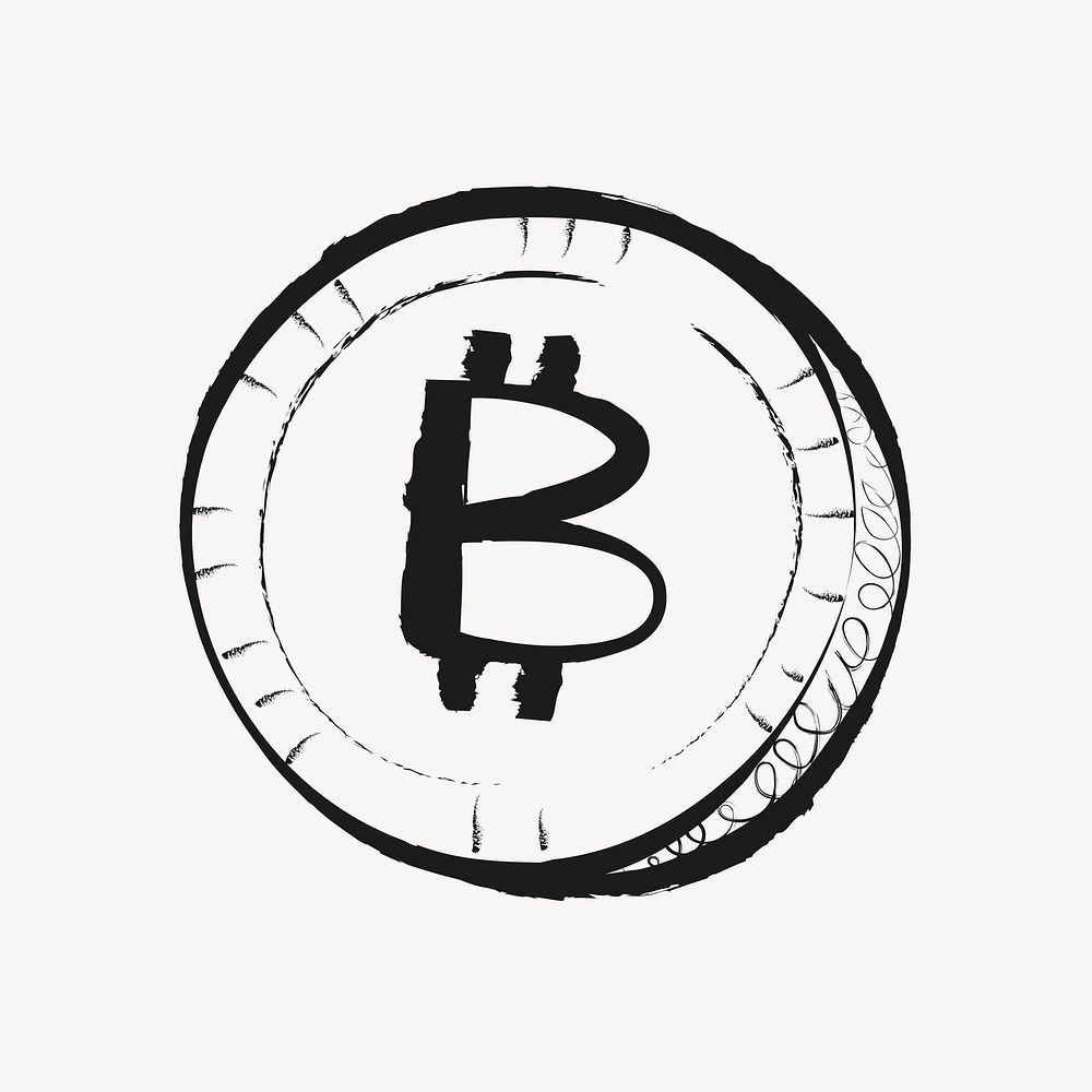 Bitcoin cryptocurrency sticker, cute doodle in black psd