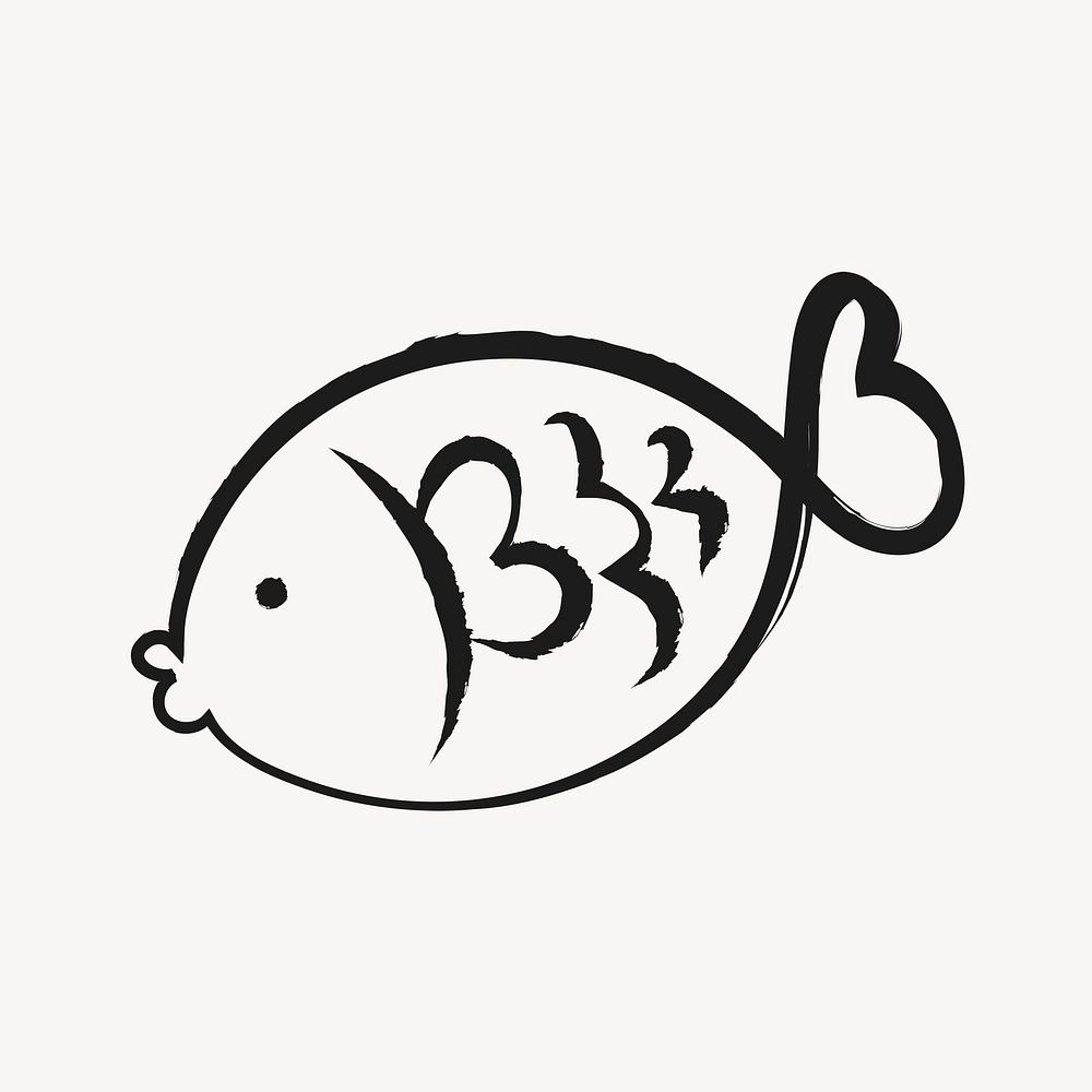 Fish sticker, cute doodle in black psd