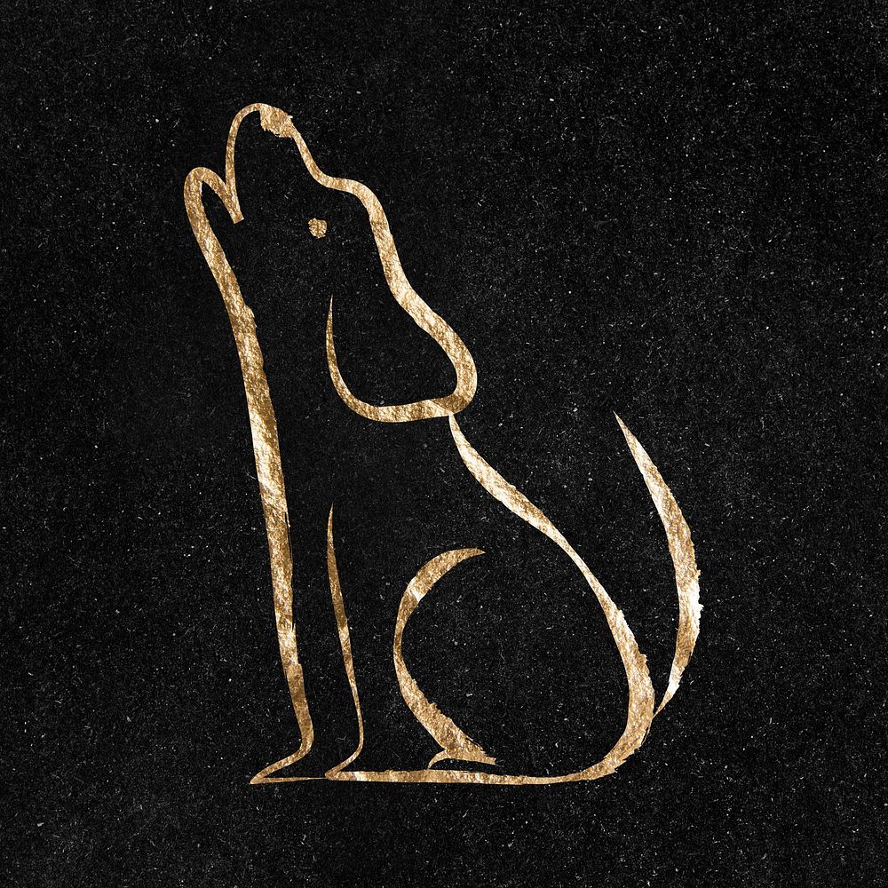 Howling dog sticker, gold aesthetic illustration psd