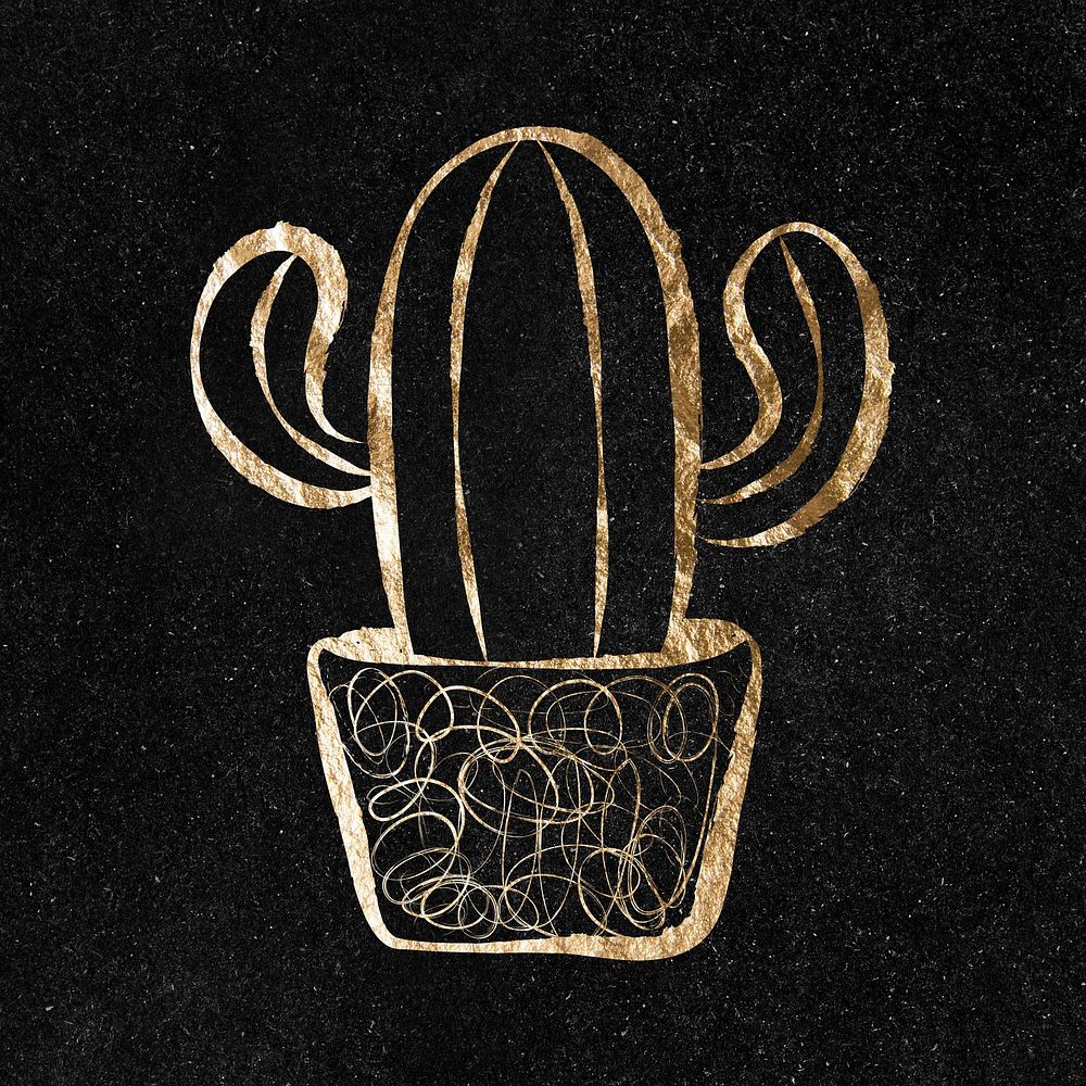 Cactus sticker, gold aesthetic illustration psd