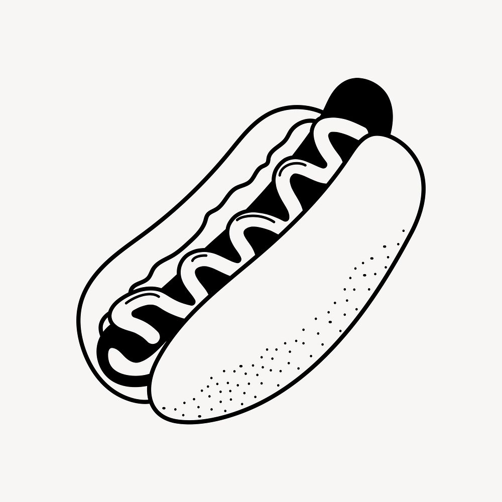 Hotdog doodle clipart, cute black & white illustration