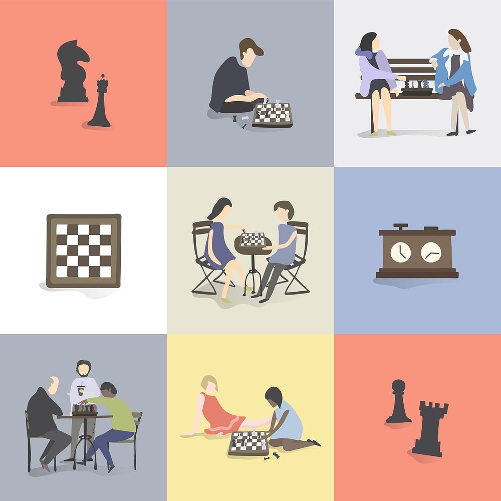 Character illustration set of chess icons and players