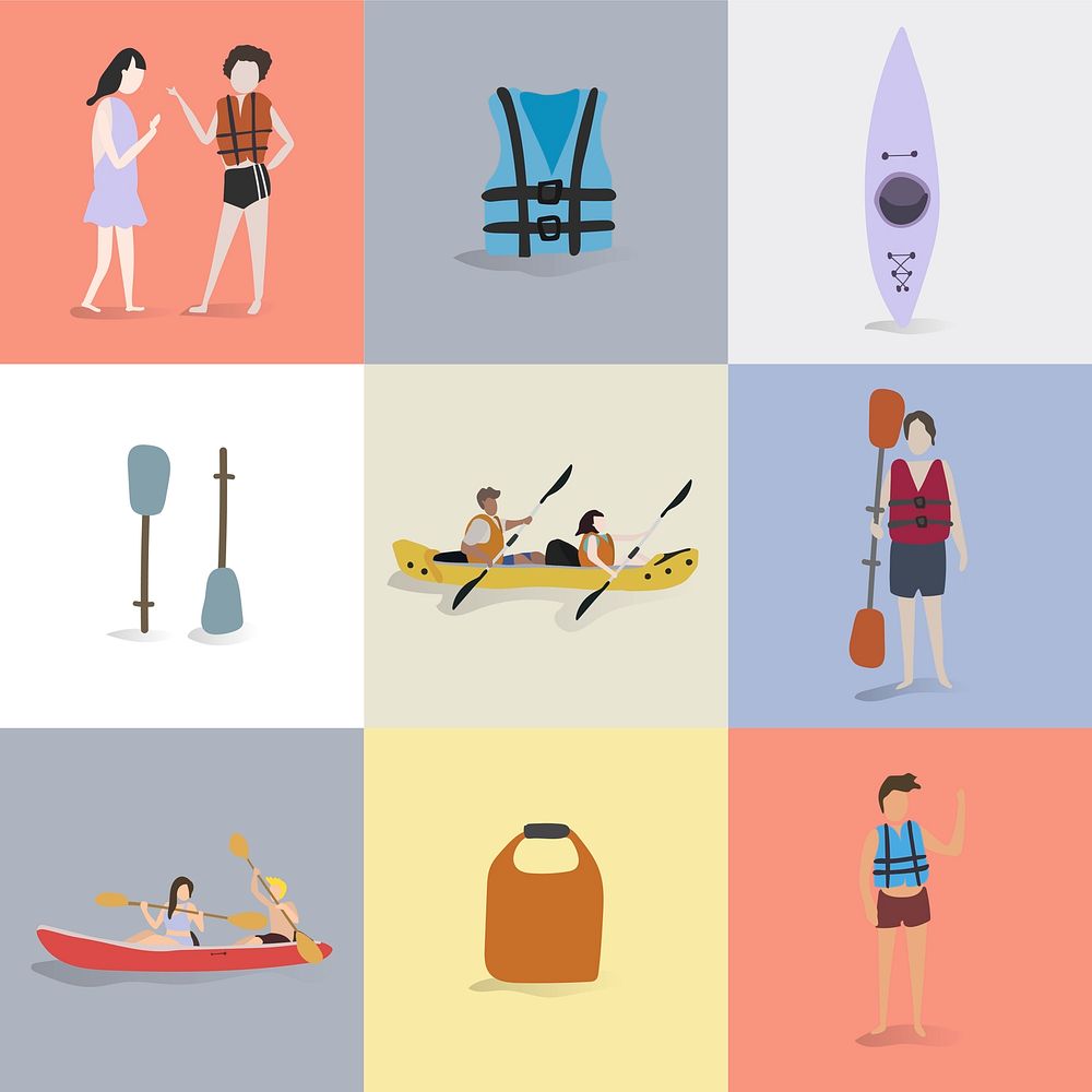 Kayaking & canoeing vector set