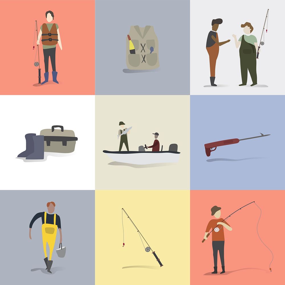 Set of fishing icons and people