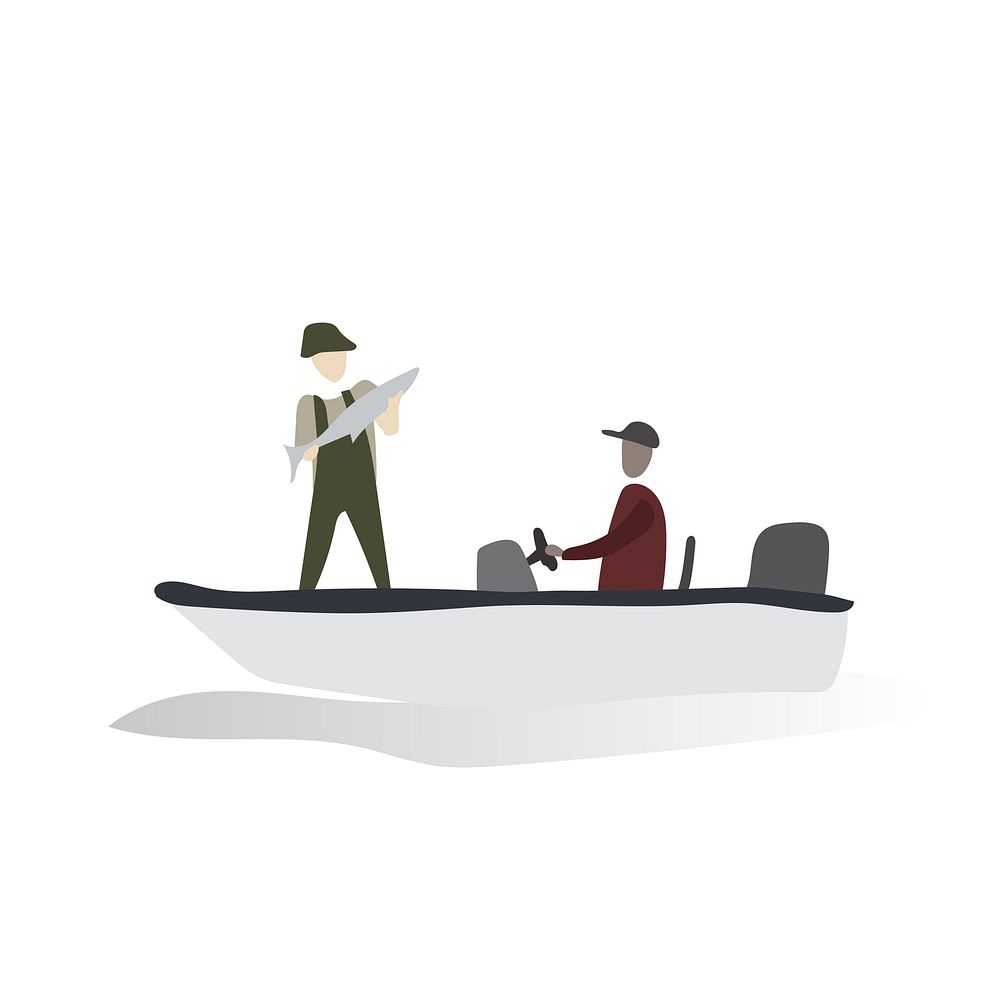 Character illustration of men in a boat catching fish