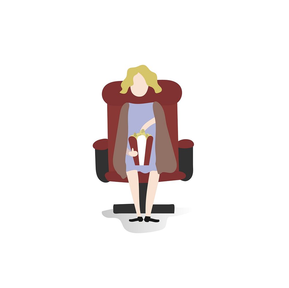 Character illustration of a woman eating popcorn inside the cinema