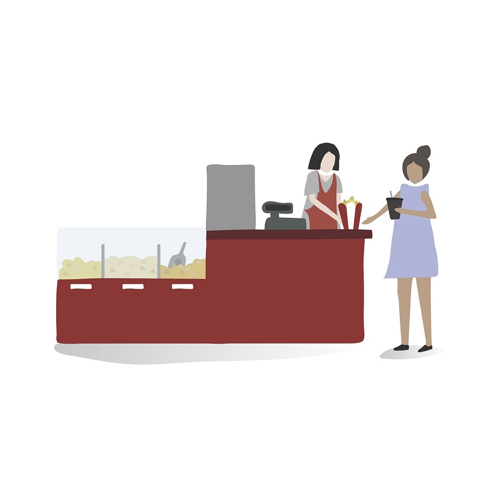 Character illustration of a woman buying drinks at the cinema