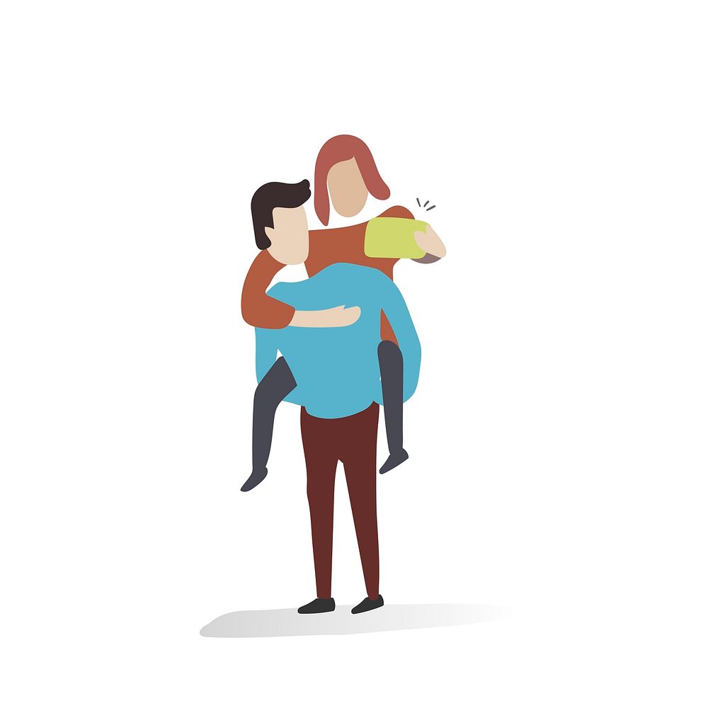 Character illustration of a couple taking a photo while doing a piggyback ride