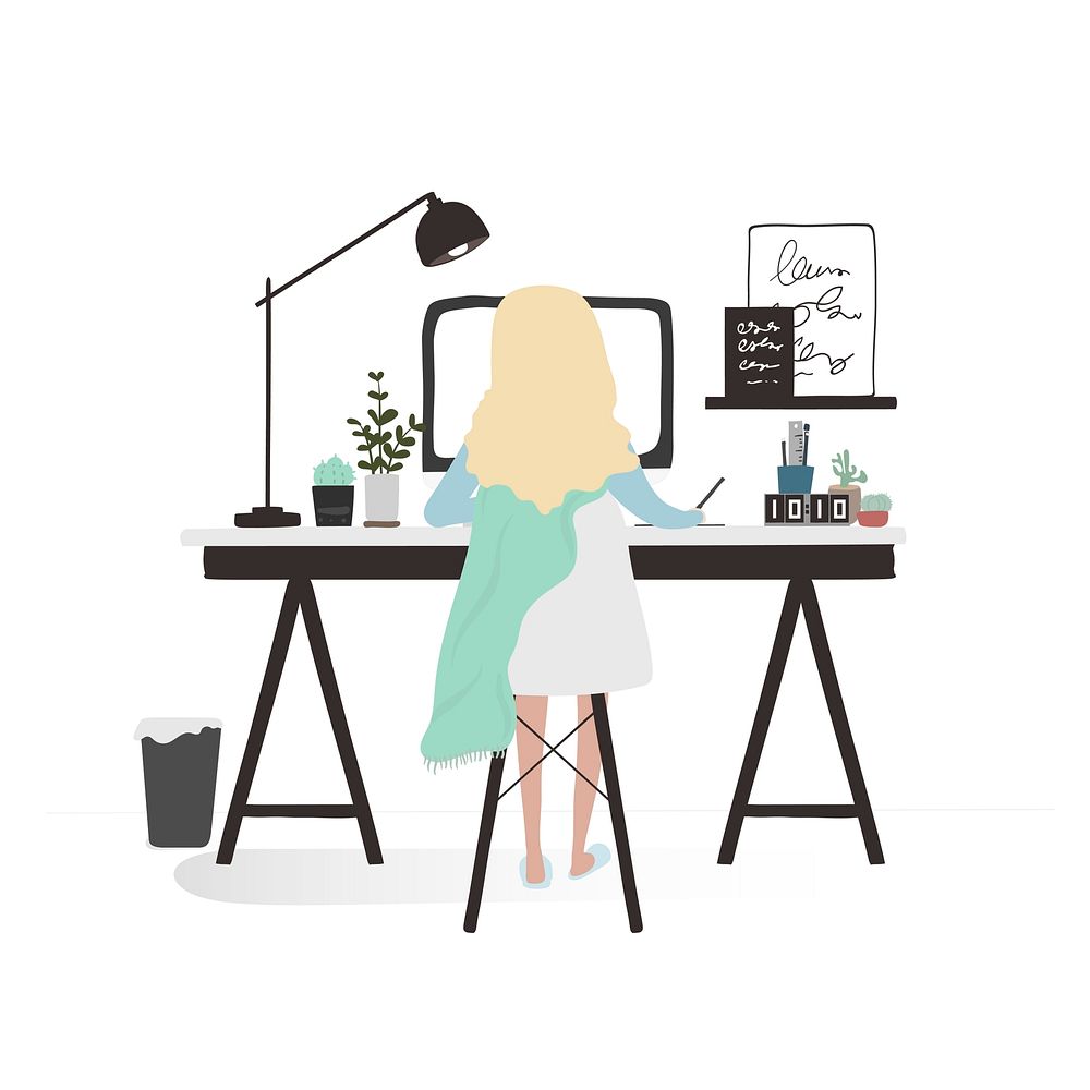 Character illustration of a blonde designer working on her desk