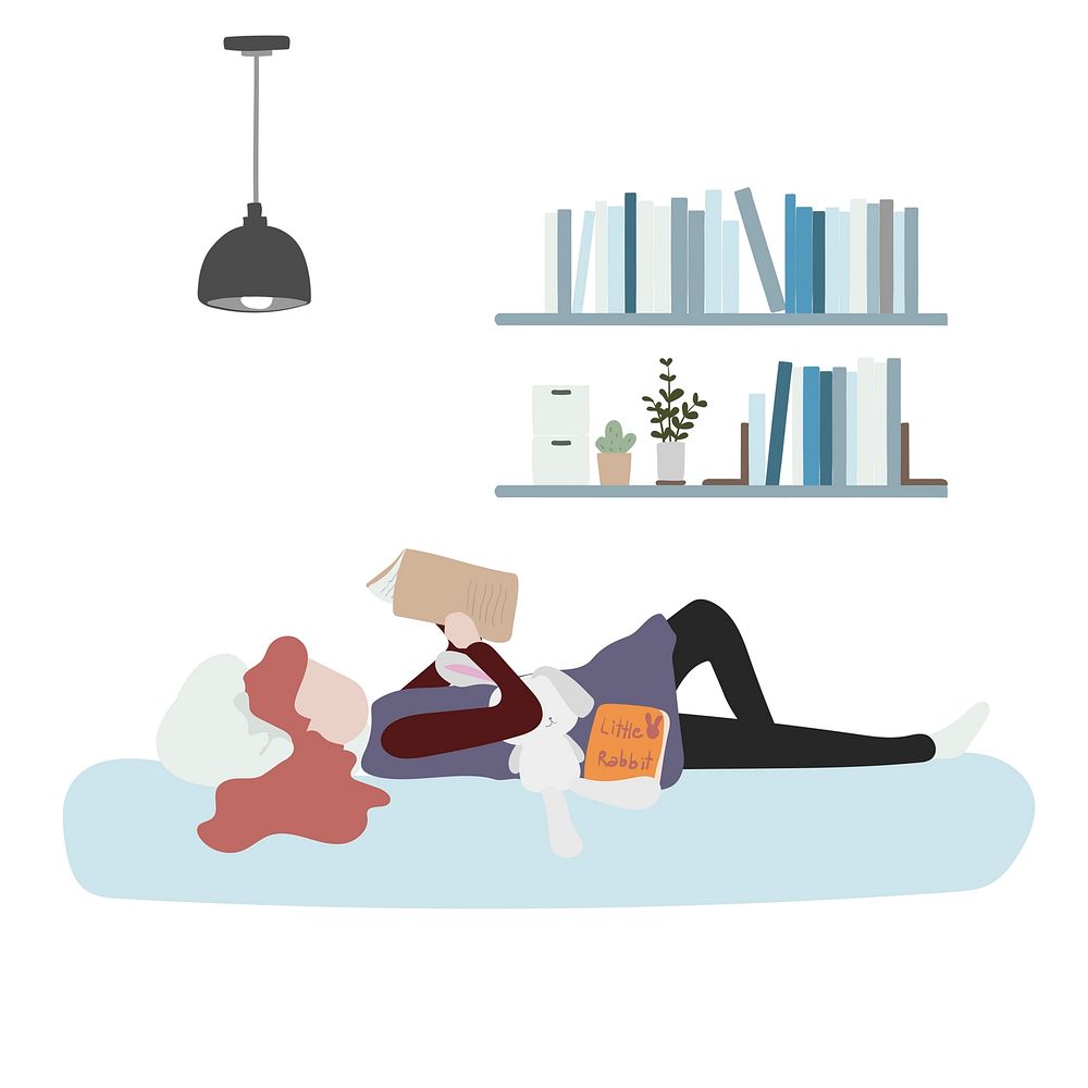 Character illustration of a woman reading a book in her bed