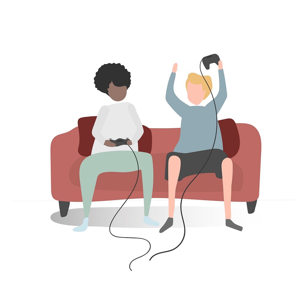 Character illustration of two friends playing video games