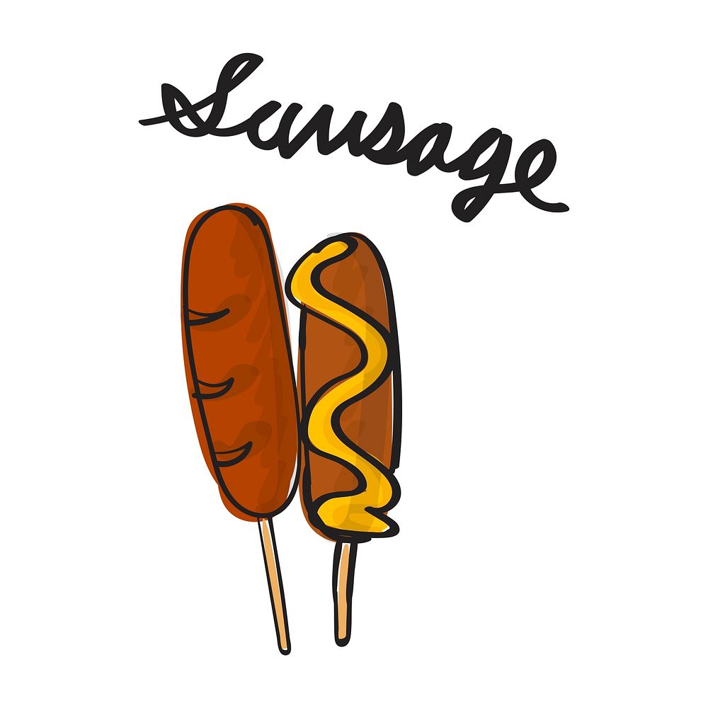 cartoon, doodle, drawing, fast food, food, graphic, icon, illustration, sausage, vector, meal, meat