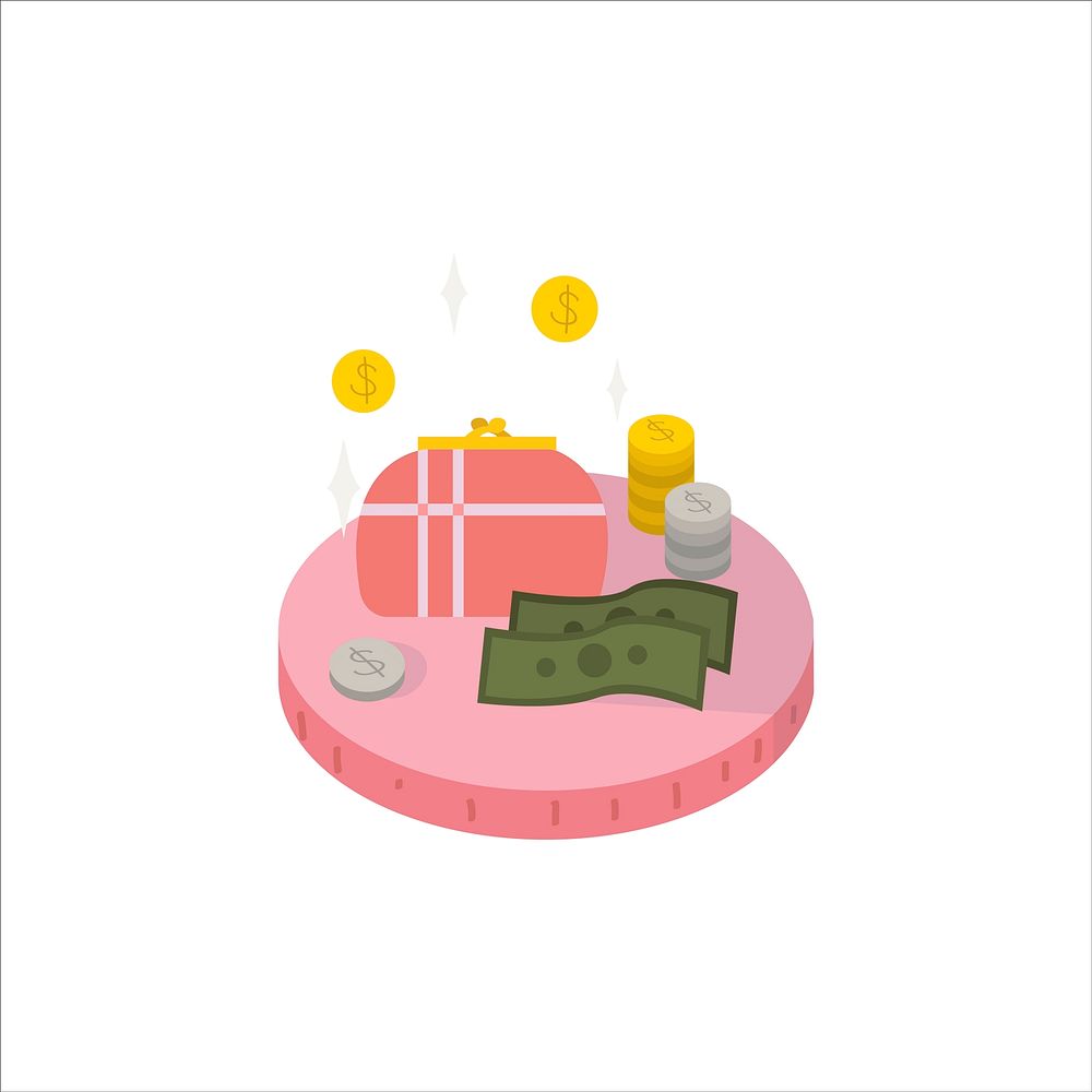 Illustration of a purse, coins and cash icon