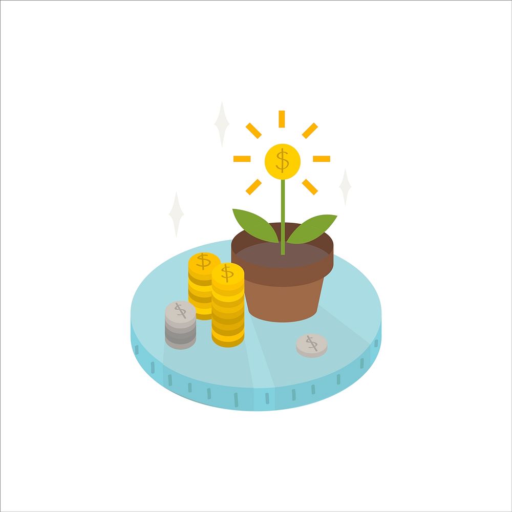 Illustration of growing coins from plants icon