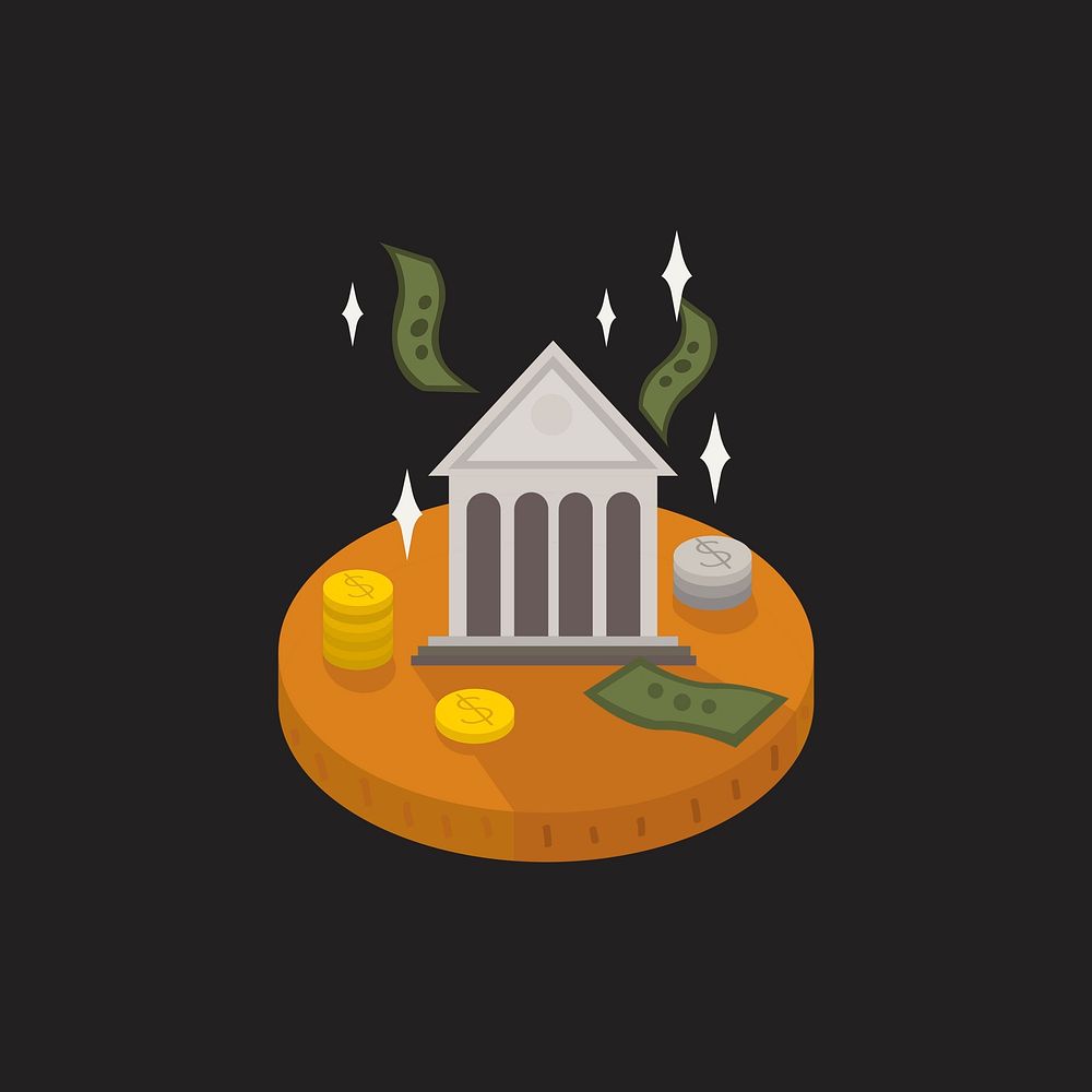 Illustration of money and a bank