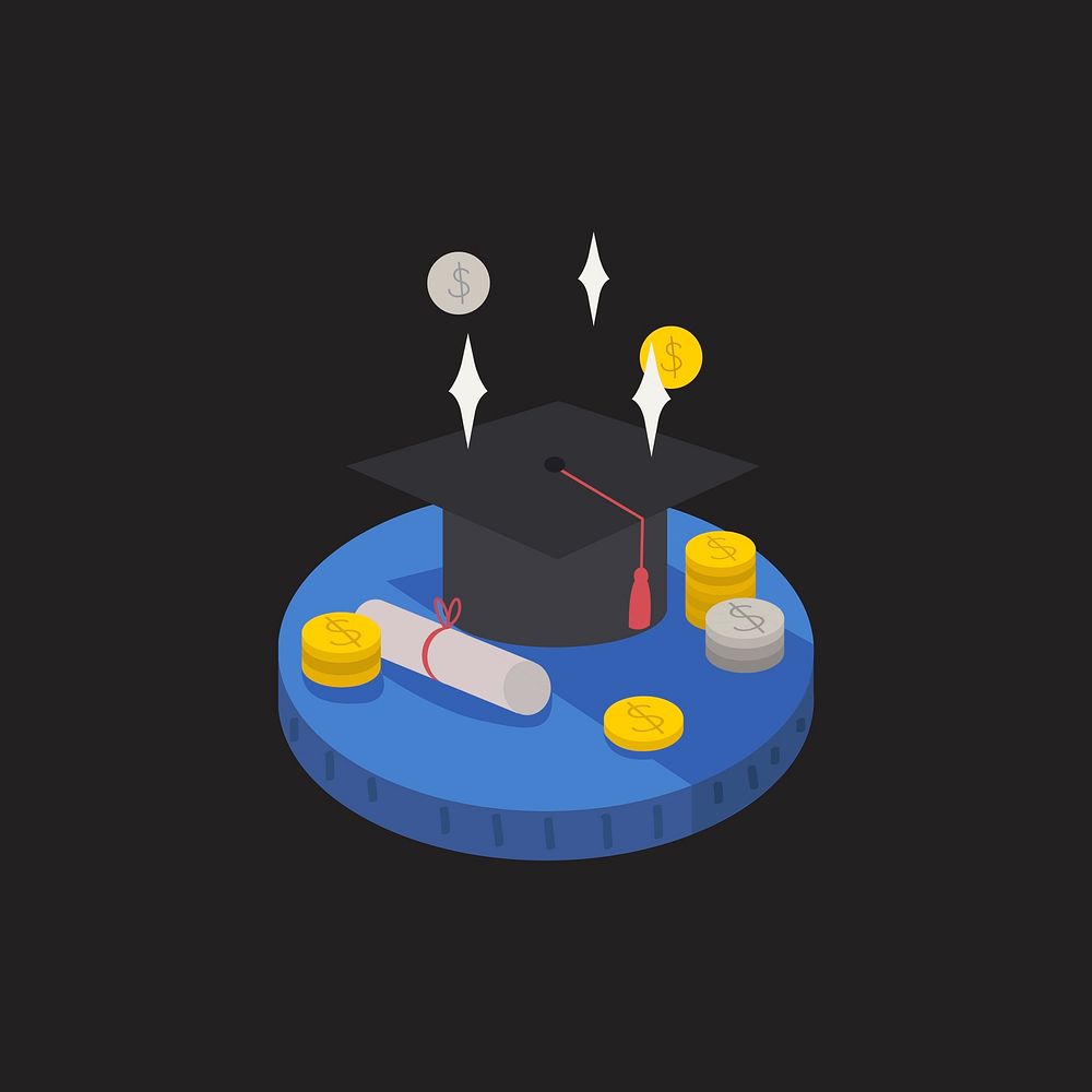 Illustration of money and a graduation hat and diploma