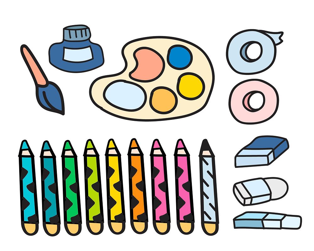 Vector set of art paints stationery doodle style