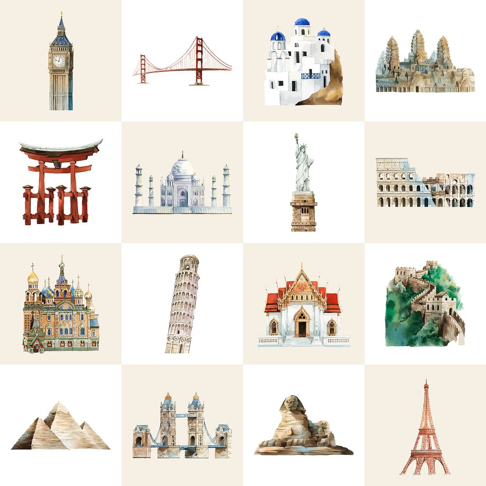 Collection of architectural landmarks painted by watercolor