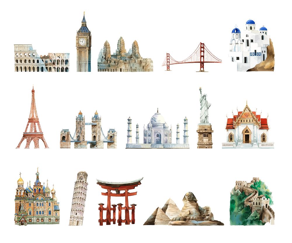 Collection of architectural landmarks painted by watercolor