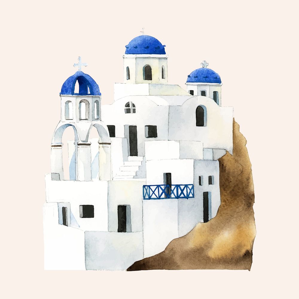 Santorini Cycladic houses painted by watercolor
