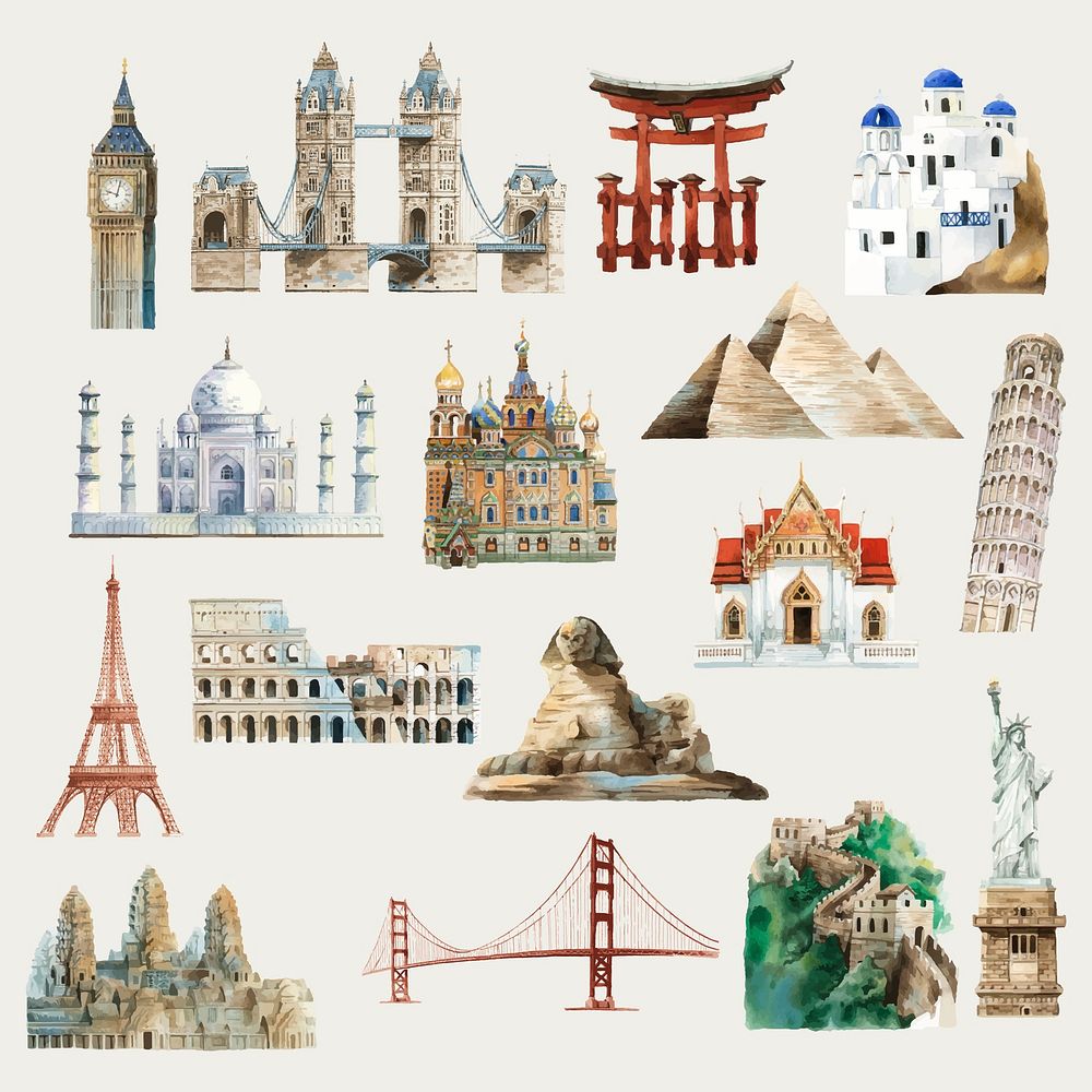 Collection of architectural landmarks around the world watercolor illustration