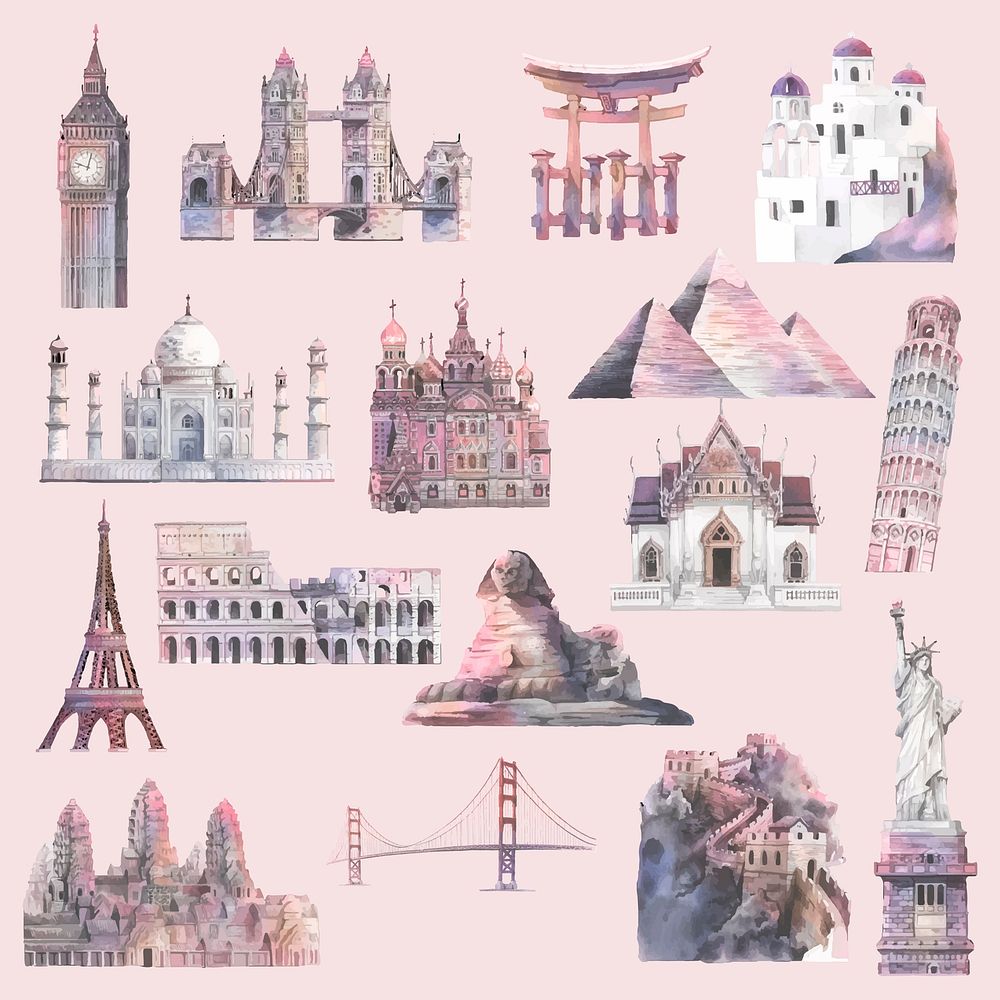 Collection of architectural landmarks painted by watercolor