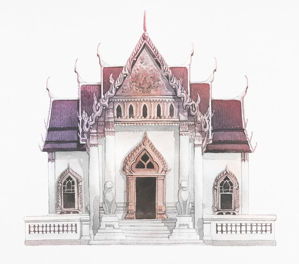 Wat Benjamabhopit temple painted by watercolor