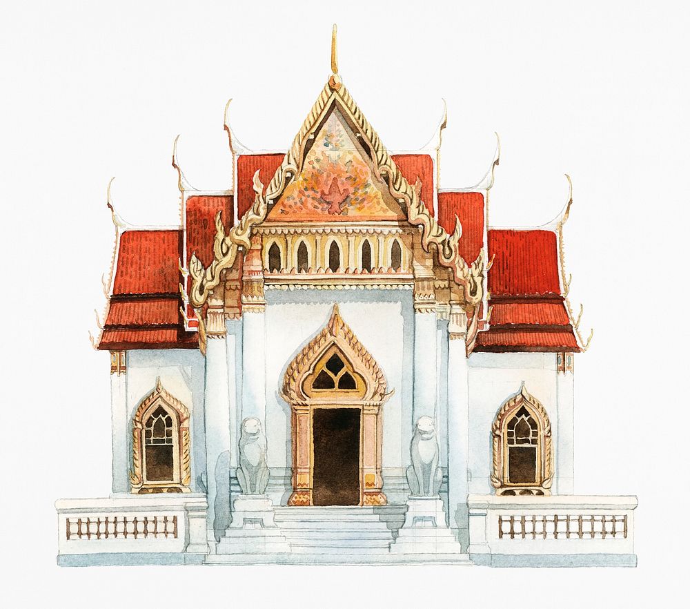 Wat Benjamabhopit temple painted by watercolor