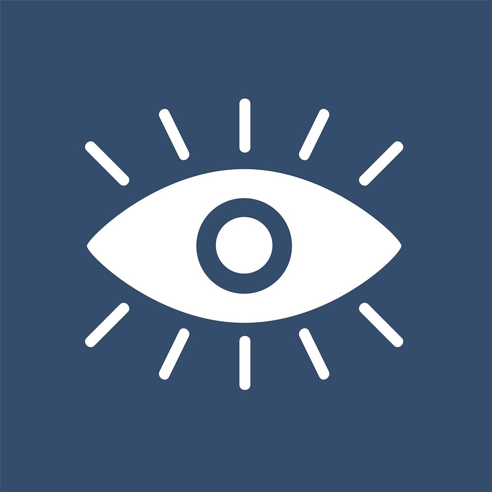 A white eye graphic icon on blue background