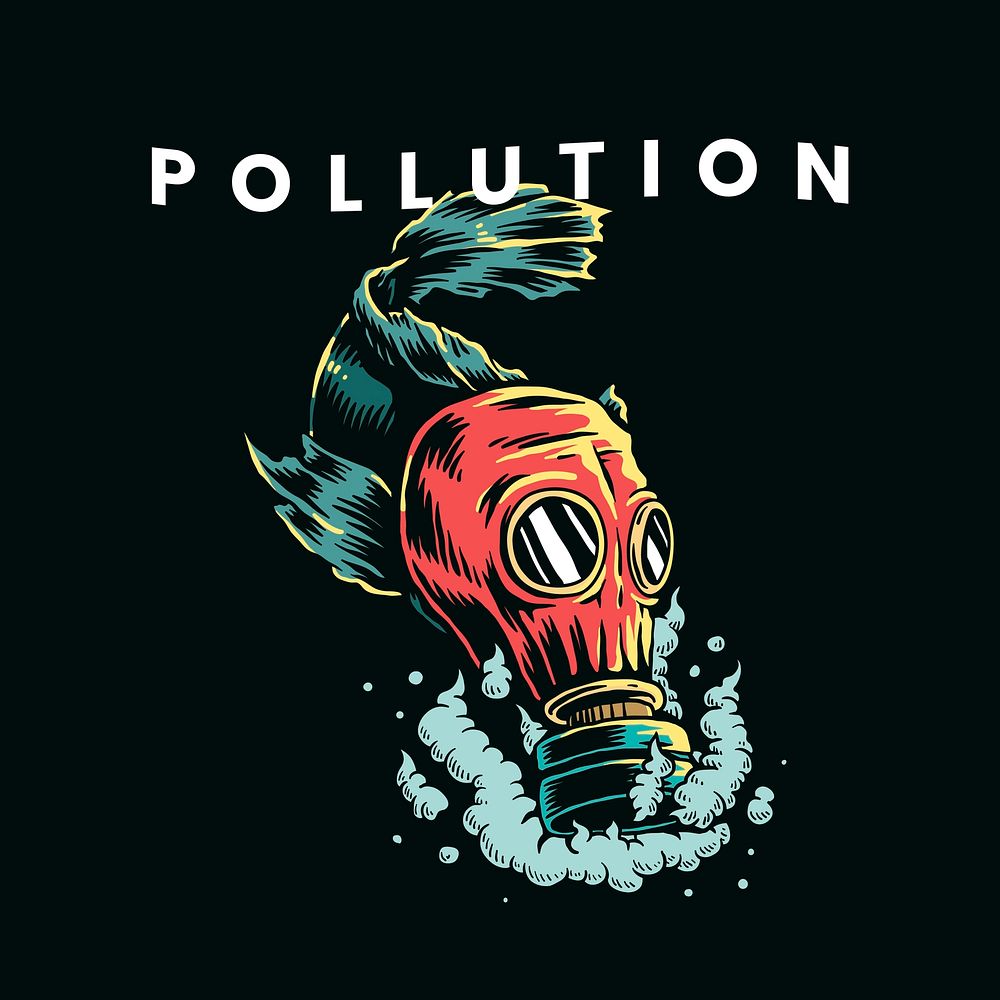 Fish wearing gas mask in polluted water  illustration