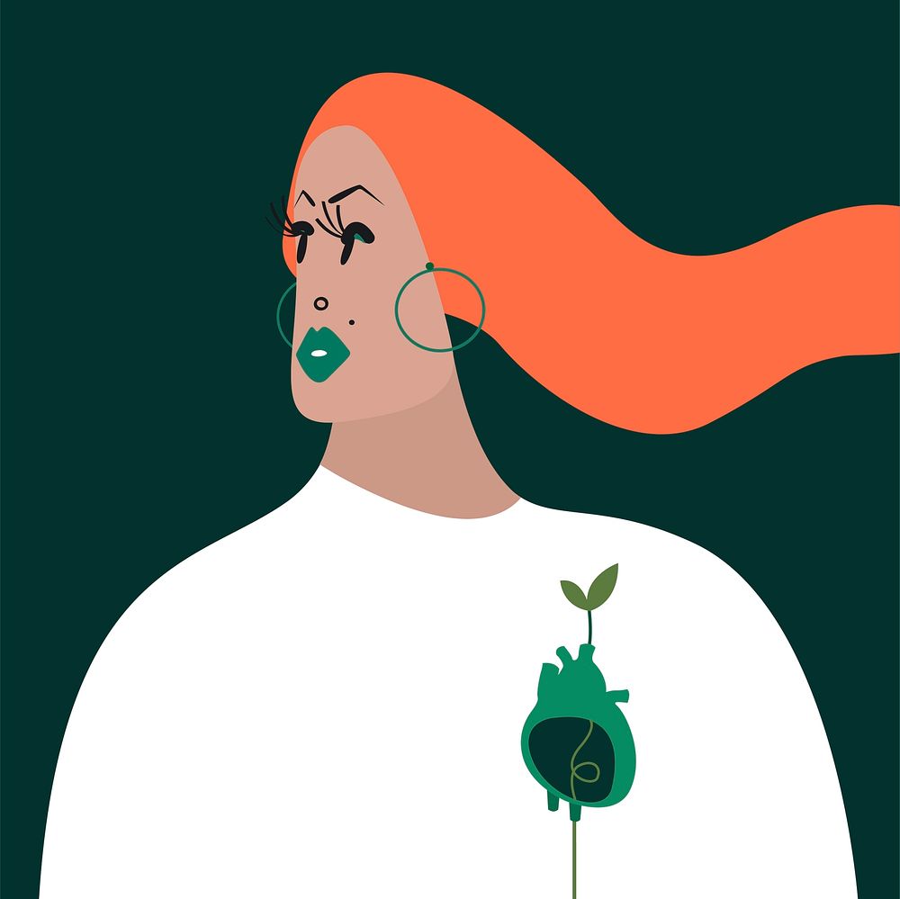 Ginger woman character with a green heart illustration