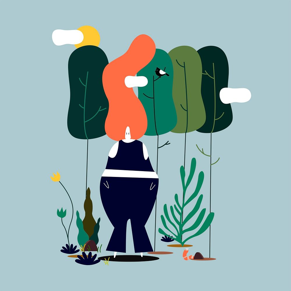 Isolated woman standing in the forest illustration
