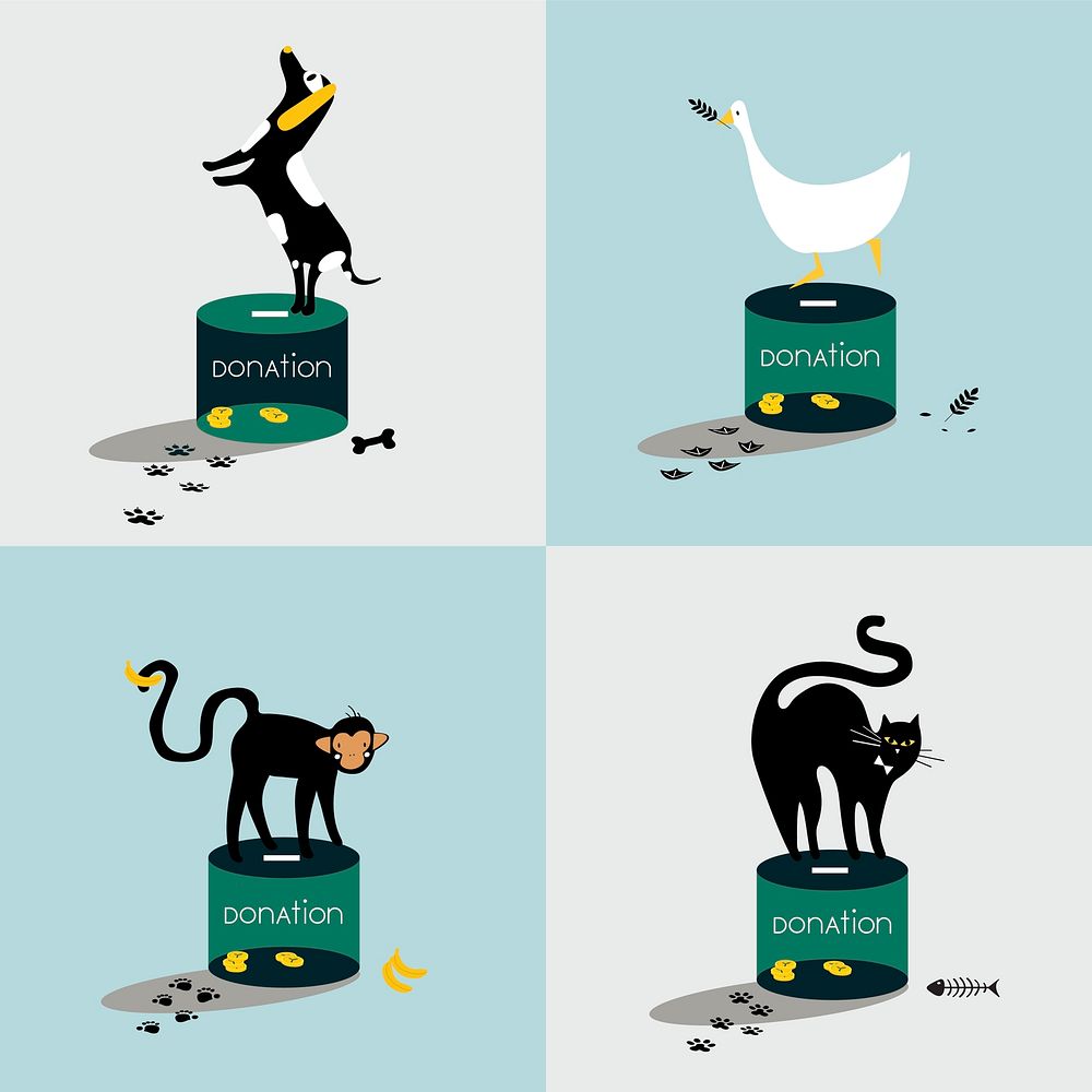 Collage of animals standing on a donation box