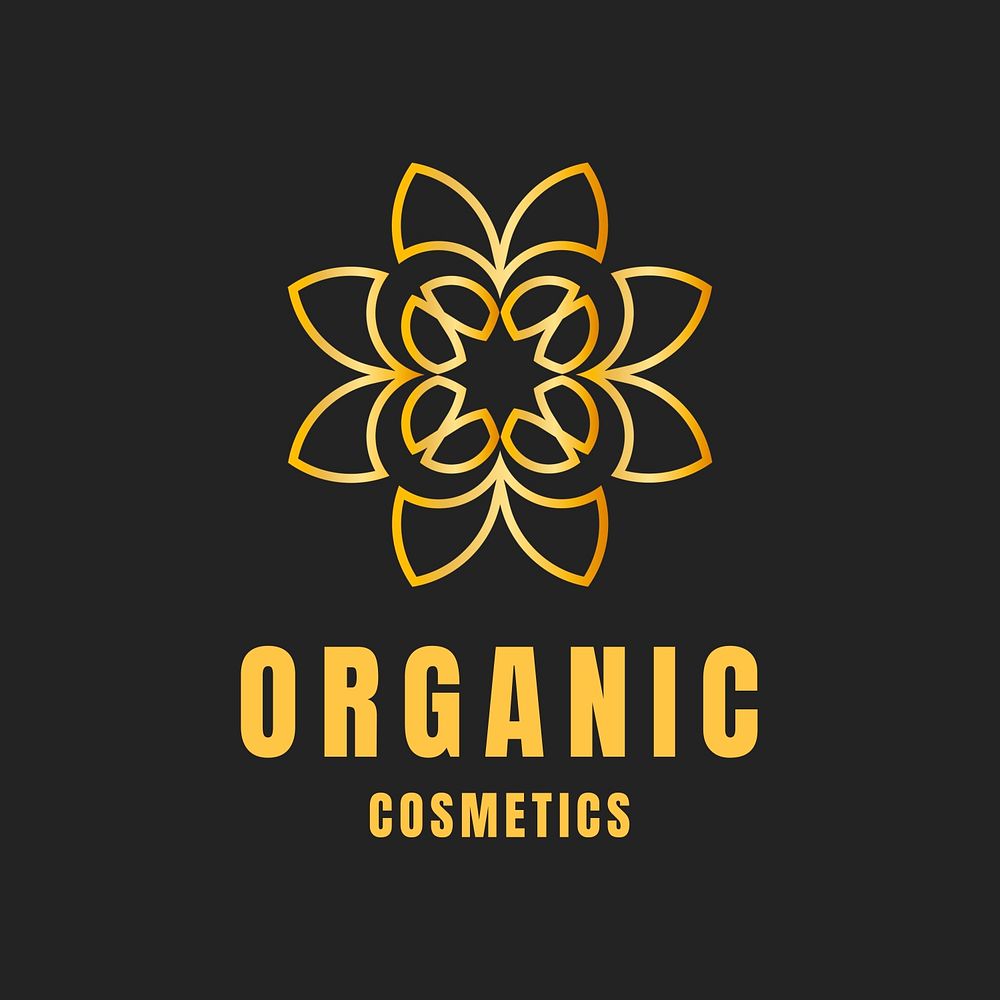 Organic cosmetics logo template, gold floral design psd