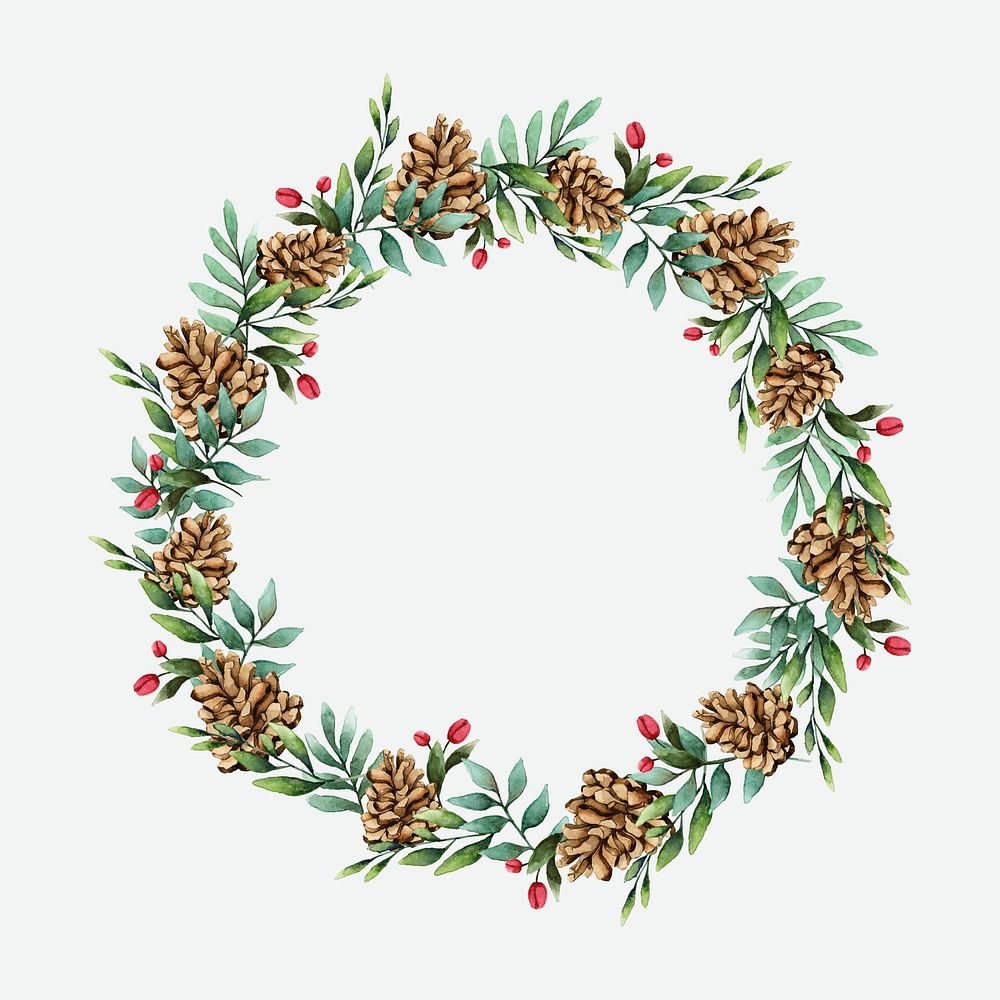 Christmas wreath with pine cones watercolor style vector
