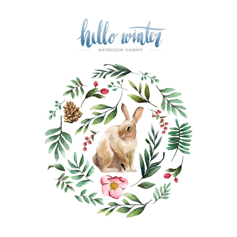 Rabbit surrounded by winter bloom painted by watercolor vector