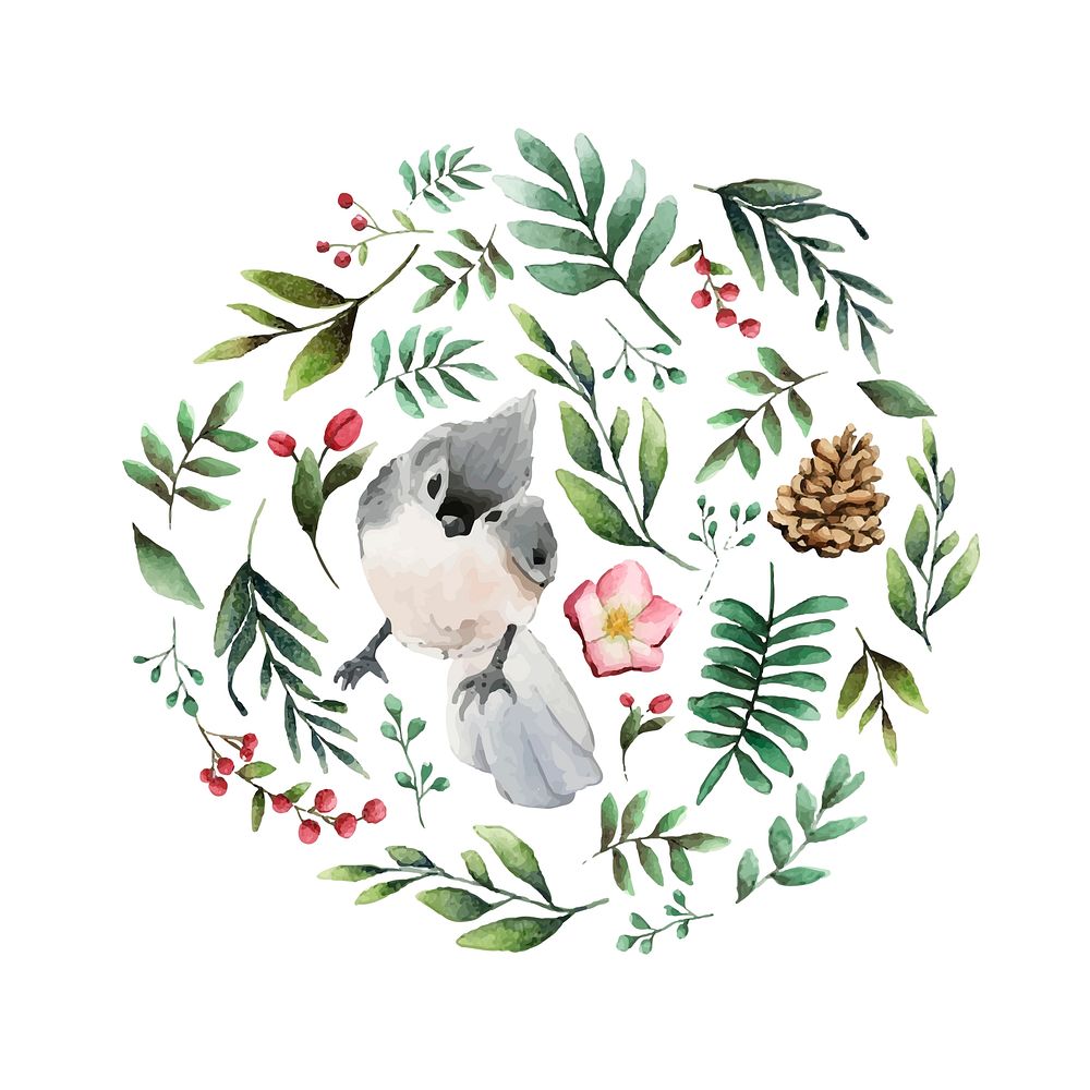 Tufted titmouse bird surrounded by flowers and leaves watercolor painting vector