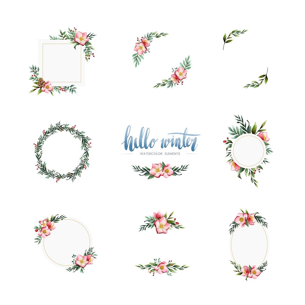 Watercolor winter bloom and elements vector
