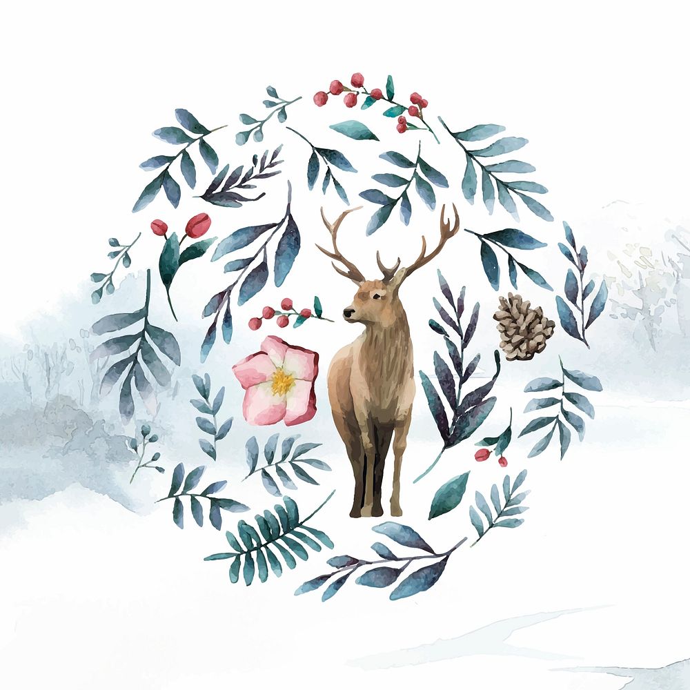 Deer surrounded by winter bloom watercolor vector