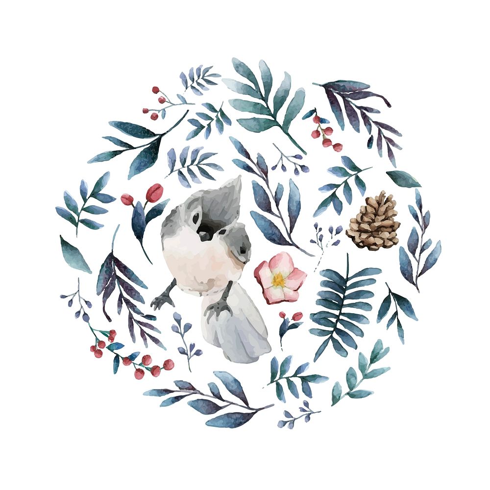 Tufted titmouse bird surrounded by flowers and leaves watercolor painting vector