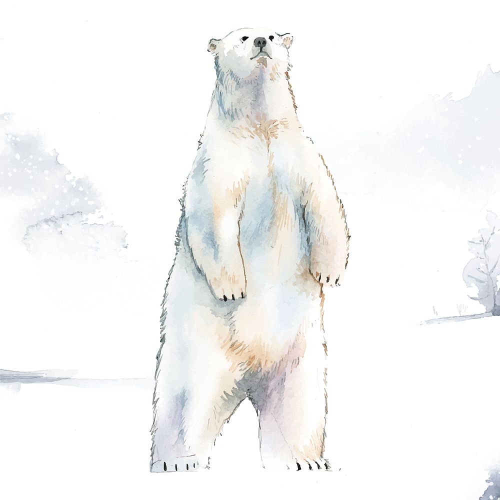 Hand-drawn polar bear in the snow watercolor style vector