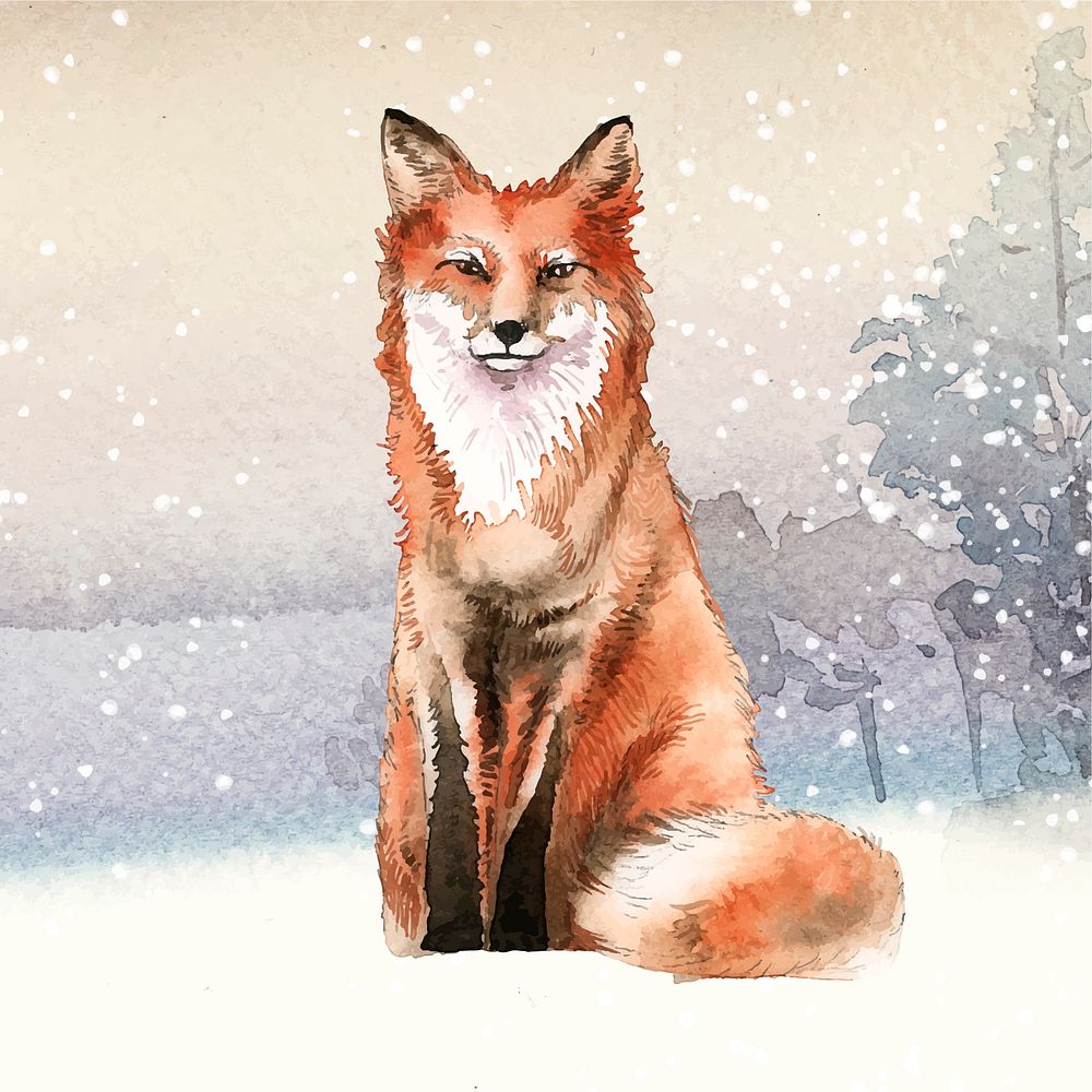 Hand-drawn fox in the snow watercolor style
