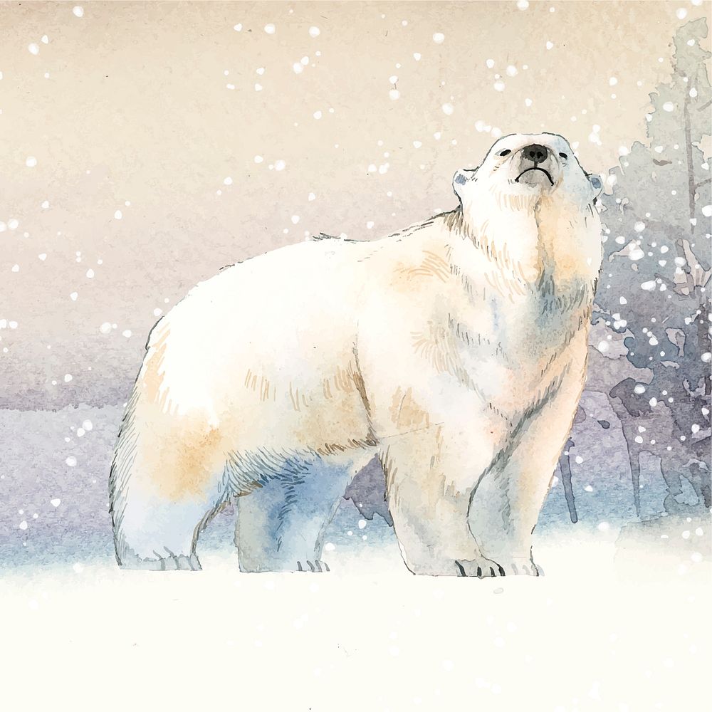 Hand-drawn polar bear in the snow watercolor style vector